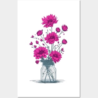 pink Flowers in a Mason Jar Posters and Art